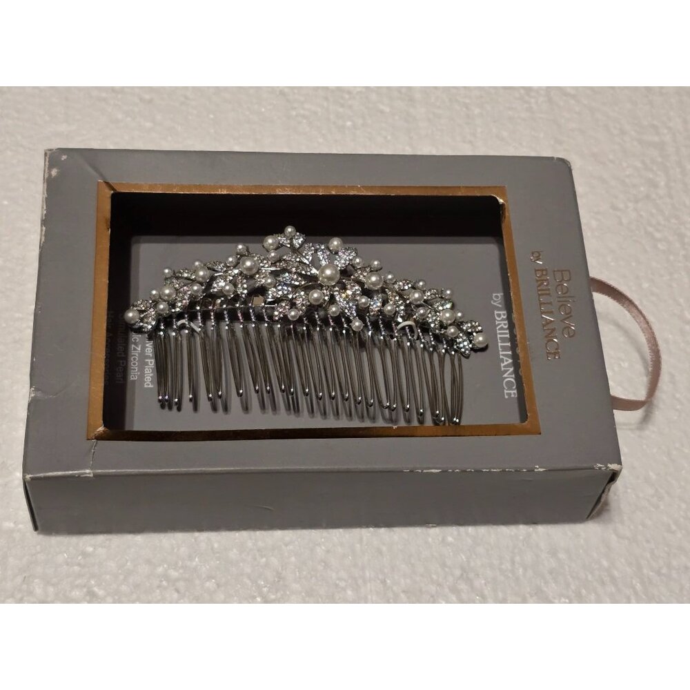 Fine Silver Plated Hair Comb With Simulated Pearls & Cubic Zirconia By Brillianc